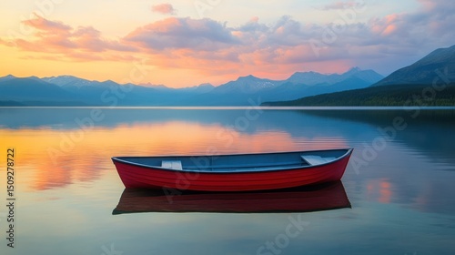 A red rowboat rests on a calm lake with mountains and a colorful sky in the distance