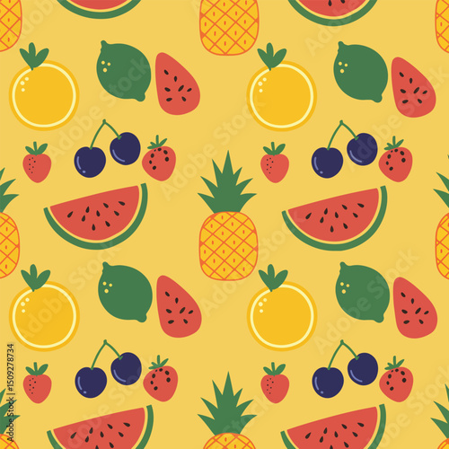 fun doodle summer fruit pattern with solid color illustrations