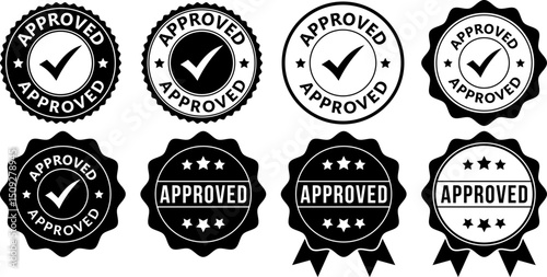 approved check mark rubber stamp icons in black and white circular and wavy badge styles quality certified sign symbols for apps and website UI designs