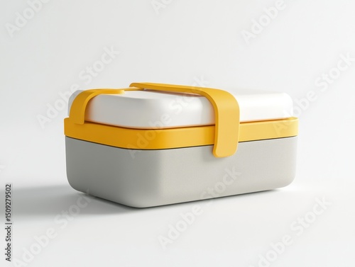 A minimalist lunchbox with a yellow handle and trim sitting on a white surface softly lit