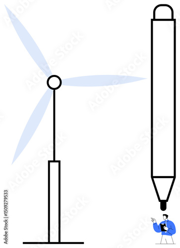 Man in blue suit pointing to large pen dwarfs a massive wind turbine, symbolizing creativity meets sustainability. Ideal for innovation, technology, renewable energy, writing, education, imagination