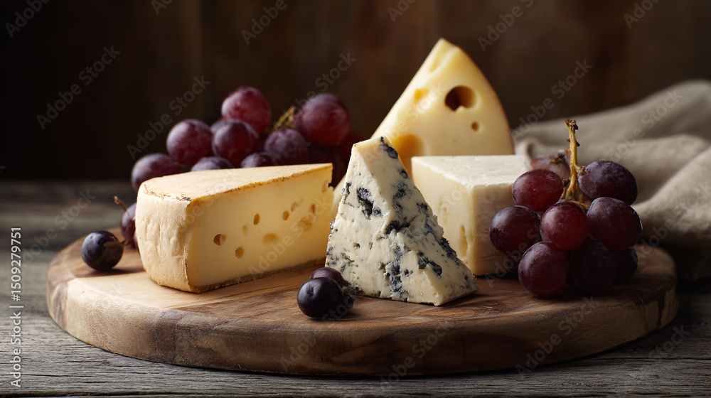 Delicious cheese platter featuring assorted cheeses and fresh grapes on a rustic wooden board, perfect for gourmet food and wine pairing Delicious cheese platter featuring assorted cheeses and fresh grapes on a rustic wooden board, perfect for gourmet food and wine pairing