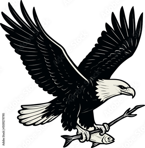 Flying bald eagle vector silhouette illustration with outstretched wings