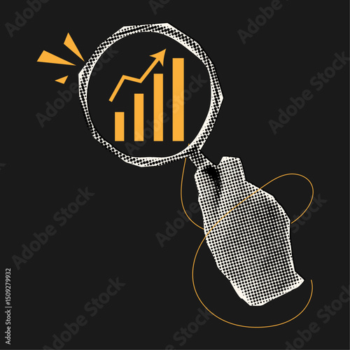 Modern halftone collage a hand with a magnifying glass and chart in trendy vintage style,concept of business analytics,analysis chart