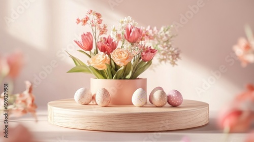 Pastel flowers and easter eggs on a wooden stand in soft light and blurred background