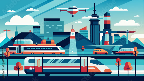 A futuristic train station where air taxis are seamlessly integrated with other forms of public transport such as trains and buses providing a comprehensive and interconnected. Vector illustration