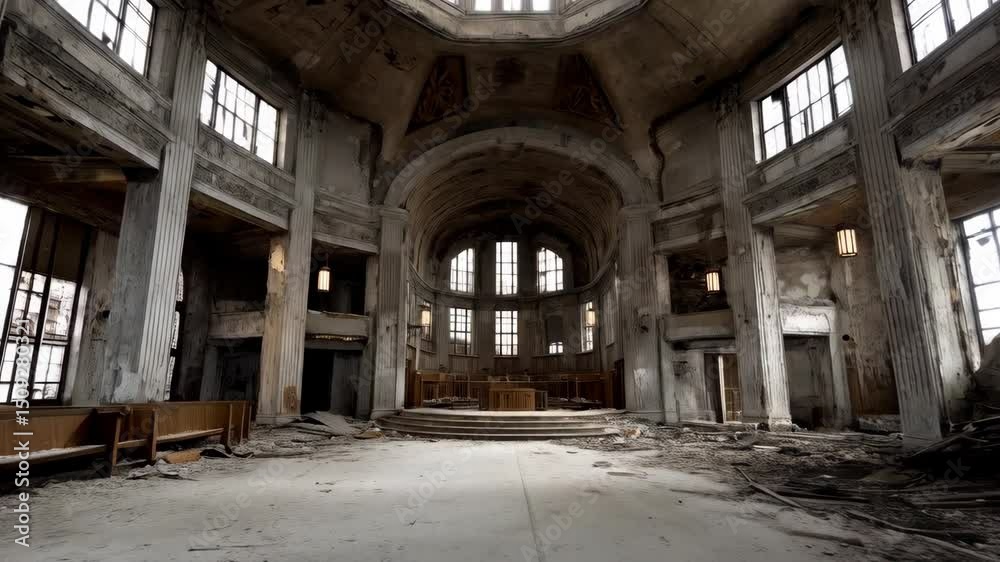 Abandoned domed hall with large columns, arched windows, pews and rubble in an aged, decrepit condition, light streams through the windows Abandoned domed hall with large columns, arched windows, pews and rubble in an aged, decrepit condition, light streams through the windows
