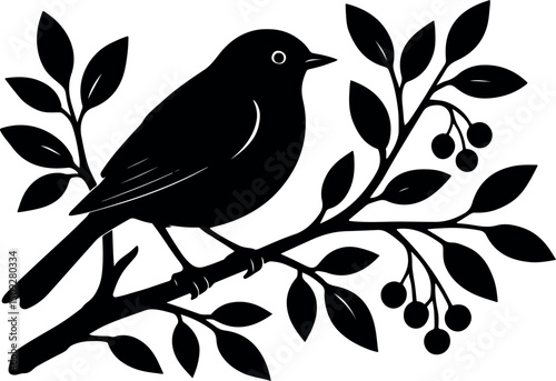Vector illustration of a cute bullfinch bird on a winter tree branch, a beautiful animal silhouette design