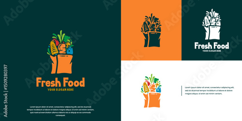 shopping bag logo with assorted groceries, healthy and fresh, food store, graphic design template.