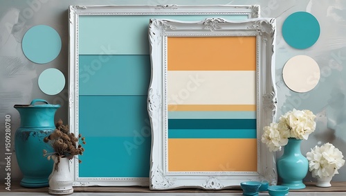 Elegant home decor featuring framed art vases and color palette accents