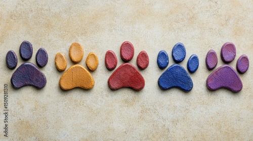 Top view of five colorful paw prints in a row on a textured beige background