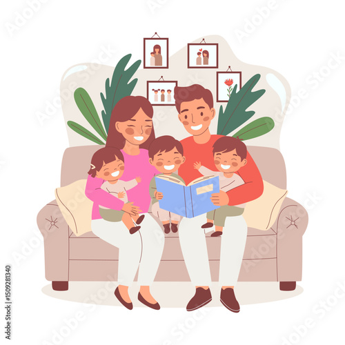 Sweet family moment, parents reading a book to their happy children on the sofa. Bedtime stories, family day, love, care concept. Cozy vector illustration, flat hand drawn style, isolated background