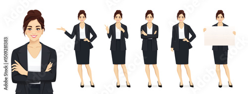 Set of elegant business young woman wearing black suit in different poses set. Various gestures pointing, showing, standing, holding empty blank board. Isolated vector illustration