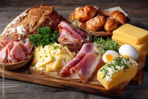 Deutsches Frühstück Wurst Käse Brötchen Frühstücksteller Ei Schinken Frühstücksbuffet Brotzeit Aufschnitt Frühstück klassisch Deftig Frühstücken Frühstück mit Brötchen Käseplatte Frühstück