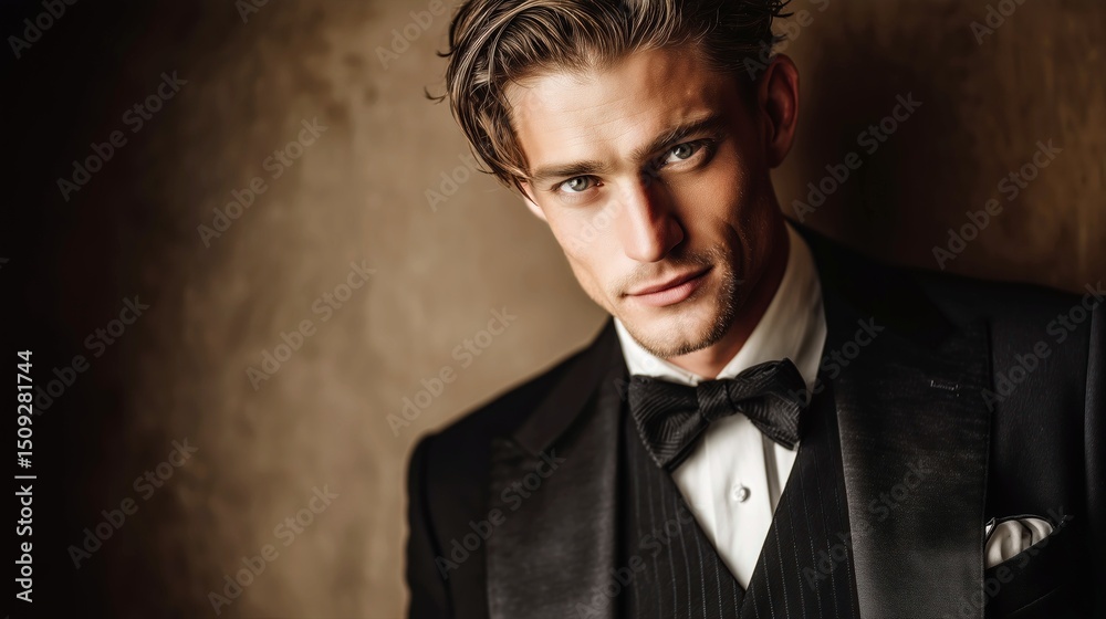 Fototapeta premium Elegant studio portrait of a male fashion model wearing a classic black tuxedo and bowtie