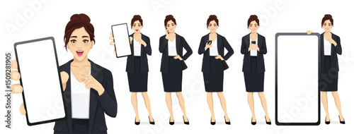 Set of elegant business young woman wearing black suit holding mobile phone, talking, texting, thinking and showing empty screen. Isolated vector illustration