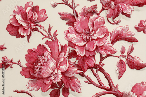Close up of a red floral pattern featuring large flowers and branches on a light background design style