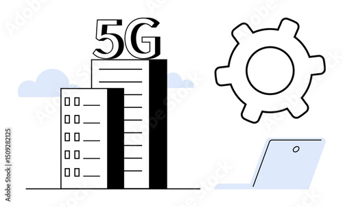 High-rise labeled 5G beside gear icon and laptop highlights technology, innovation, connectivity, urban development, data processing, modern communication, flat simple metaphor