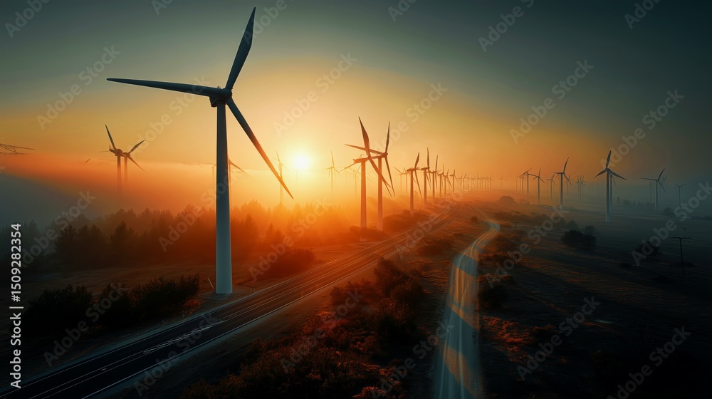 Obraz premium Expansive view of modern wind turbines stretching into the misty horizon at sunrise