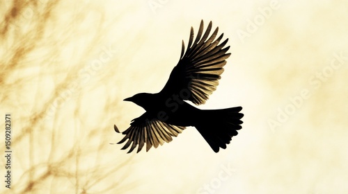 A silhouette of a bird in flight against a light background with tree branches