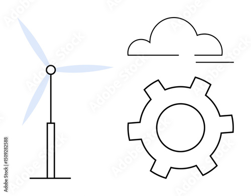 Wind turbine, gear, and cloud elements connected by minimal design. Ideal for sustainability, clean energy, innovation, technology, ecology engineering and educational content. Perfect for a simple