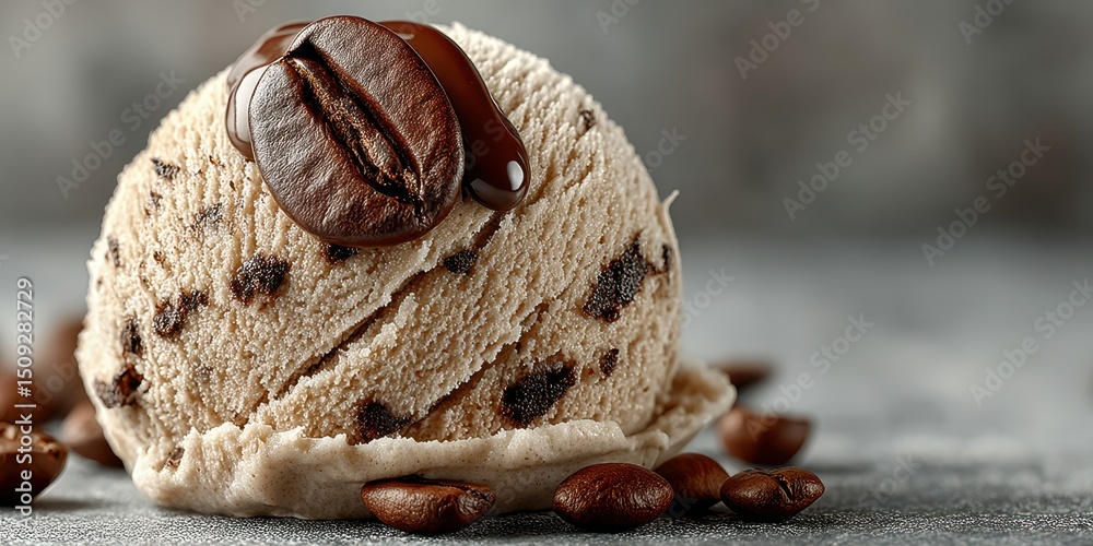 Delicious coffee-flavored ice cream scoop topped with coffee bean on a gray surface Delicious coffee-flavored ice cream scoop topped with coffee bean on a gray surface