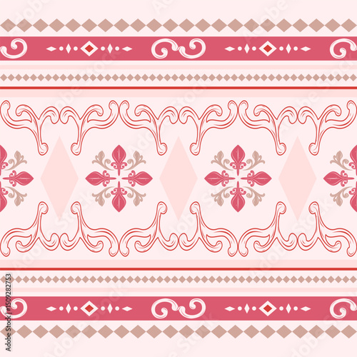 Beautiful Neatly Arranged Elegance Sweet Blooming Pattern with Pink and Gold Color. Scroll Classy Ornament Feminine Victorian Regency Embroidery Sweet Gentle Mood and Tone for Decoration Fabric Lace