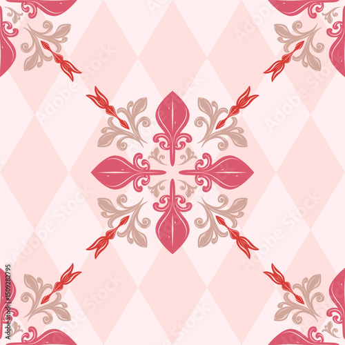 Baroque Classical Timeless Scroll Ornament with Argyle Diamond Geometric Background. Lovely Romance Pattern Royal Gold Pink Floral Element Seamless Pattern Luxury for Decor Embroidery Textiles Wedding