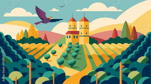 A birds eye view of the bustling vineyard with a fleet of eVTOLs weaving in between elegant towers symbolizing the harmonious blending of technology and nature.. Vector illustration