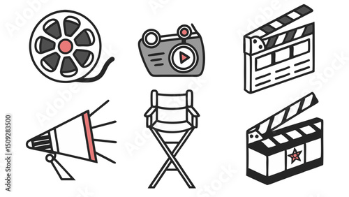 Collection of film related elements featuring a reel camera chair megaphone and clapperboards in outline style