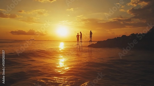 Fishermen on stilts in silhouette at the sunset in Galle, Sri Lanka 