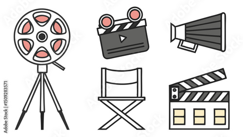 Collection of movie making equipment including a film reel tripod chair megaphone and clapboards