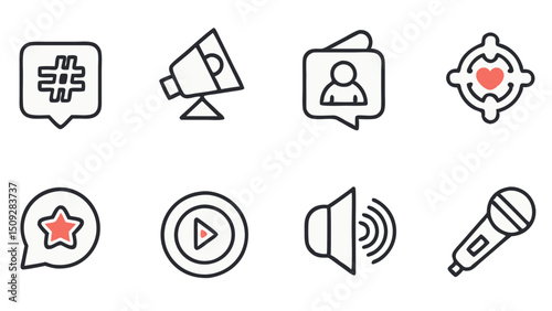 Collection of eight distinct symbols including a hashtag speech bubble and a megaphone graphic design