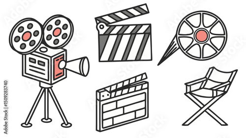 A collection of movie making equipment including a film camera, clapperboards, reel and director chair