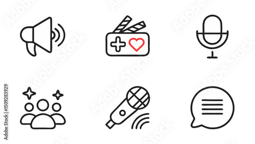 Collection of media and communication icons including megaphone, film slate, and microphones in black