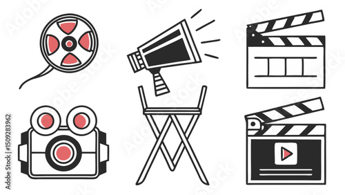 Collection of film related items including a reel of film megaphone chair and clapper boards shown
