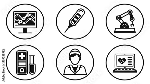 Collection of medical and technological icons including a monitor, thermometer, robot, and personnel