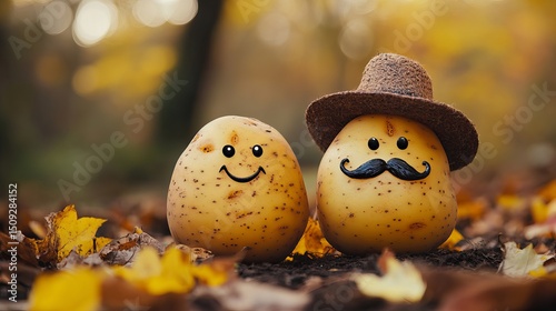 funny potatoes in a hat and with a mustache on the background of nat