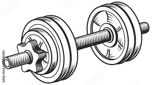 A monochrome depiction of a dumbbell with multiple plates on each side and a textured handle bar