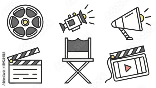 Collection of movie making equipment including a reel spotlight megaphone chair and clapperboard
