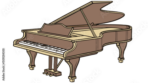A grand musical instrument with keys and pedals standing on ornate legs with an open top lid