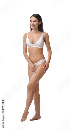 Woman with smooth skin after epilation procedure on white background