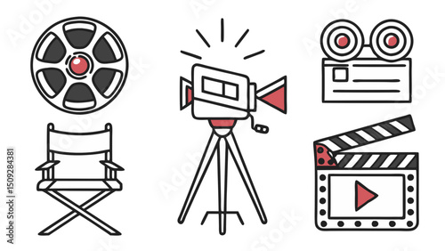 Collection of movie making equipment including camera reel clapperboard and director chair items