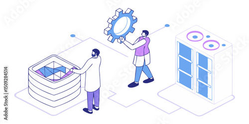 Two people interacting with a server and a gear, one holding the gear and the other near server