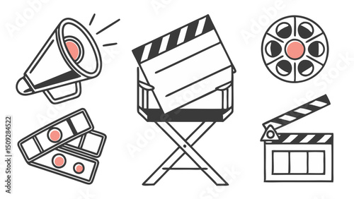 Collection of cinema related items including a megaphone, chair, film reel, and clapperboard elements