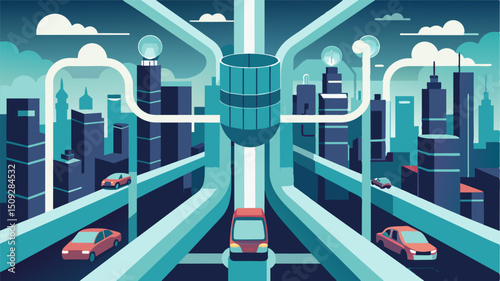 A complex system of translucent tubes rise high above the city transporting futuristic cars and passengers through a maze of intersecting paths.. Vector illustration