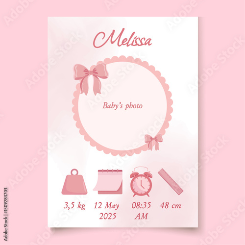 Pink cute baby birth details poster with bows Baby announcement card Its a girl