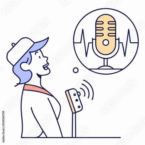 Person speaking into a small device with a microphone thought bubble above them in a drawing
