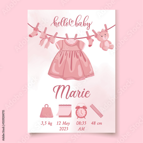 Cute pink baby clothes Baby birth details New born announcement Its a girl