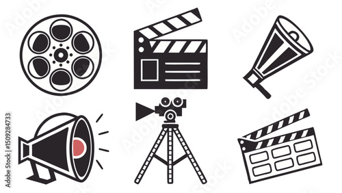 Assorted black and white graphic elements depicting film reel clapperboard camera and megaphone icons